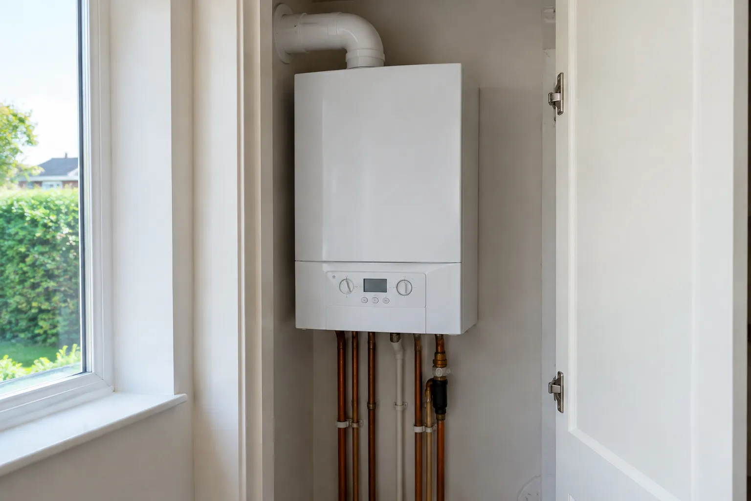 A wall-mounted combi boiler in a home utility cupboard