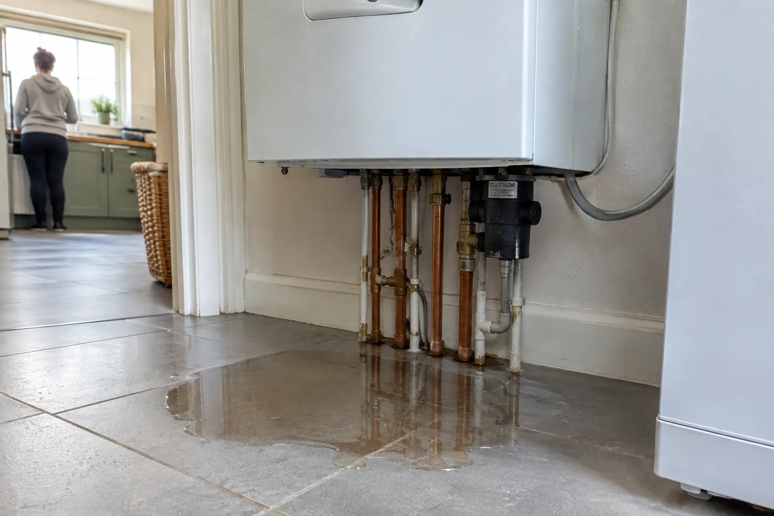 Water pooling on the floor beneath a boiler