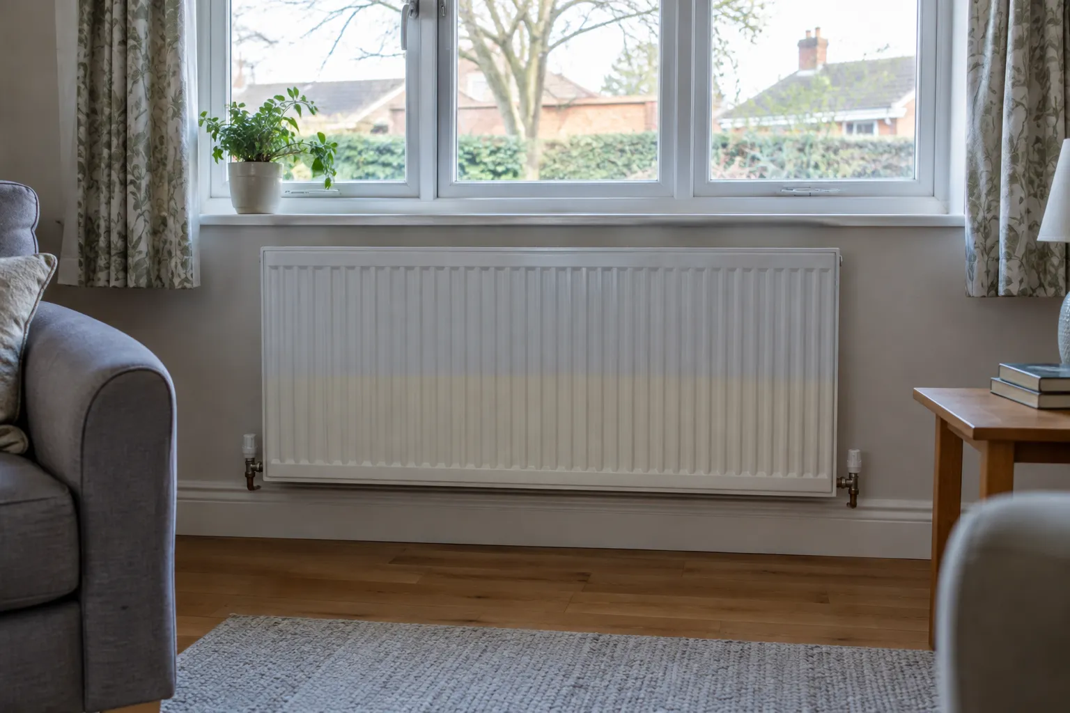 A radiator that is warm at the bottom and cool at the top