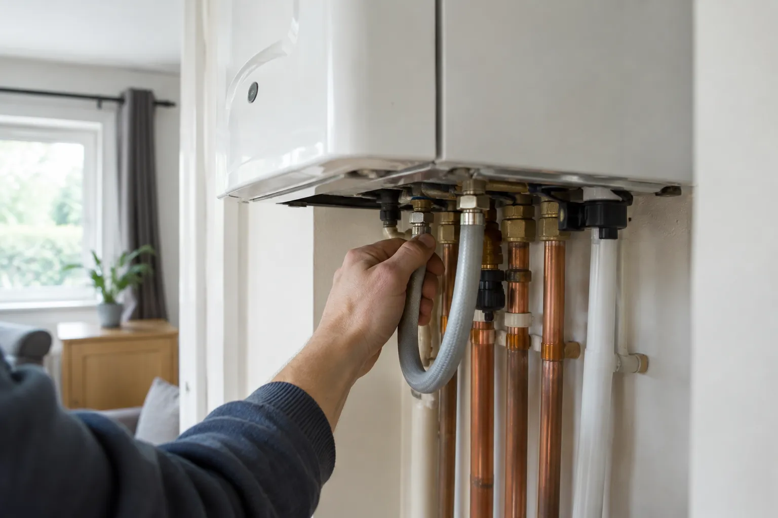 A hand turning a boiler's filling loop hose