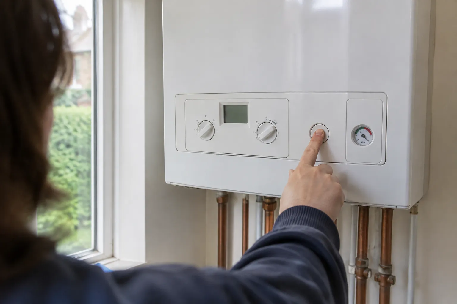 A hand pressing a boiler's reset button