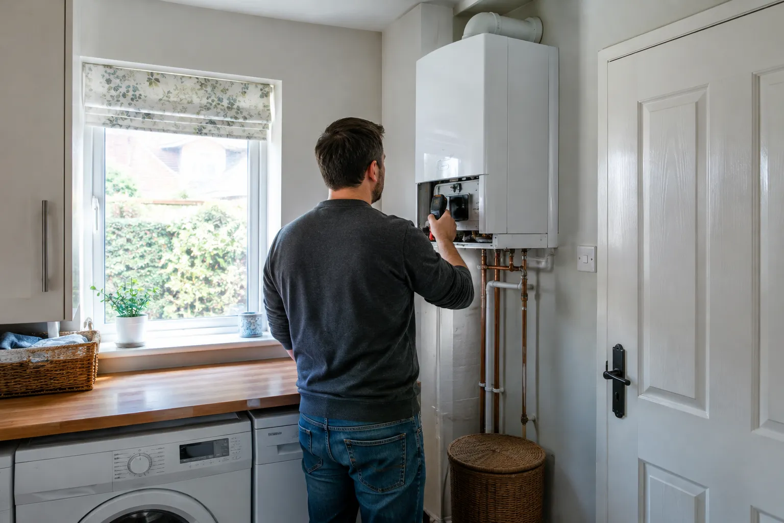 Someone inspecting a wall-mounted boiler