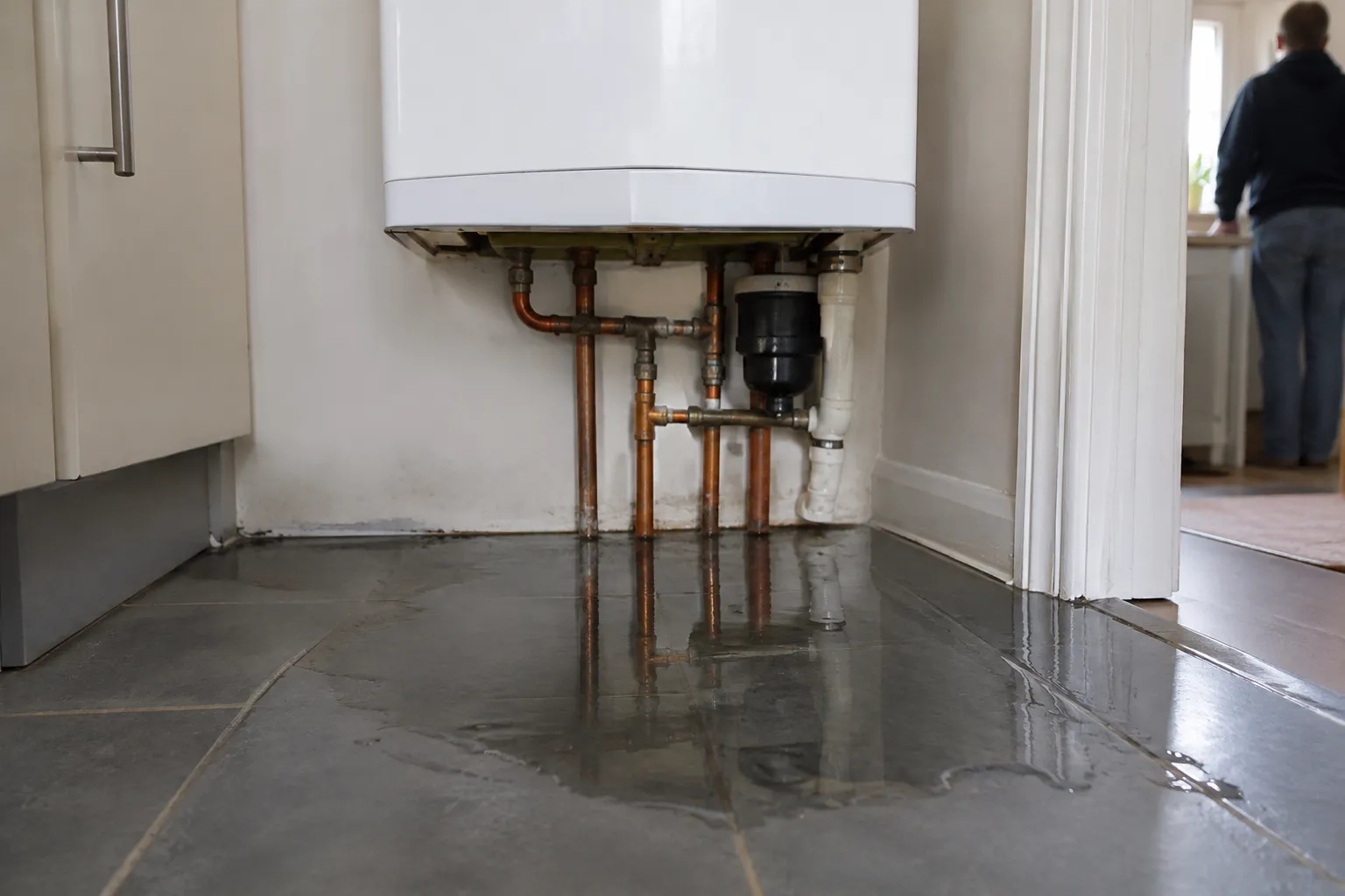 Water pooling on the floor beneath a boiler