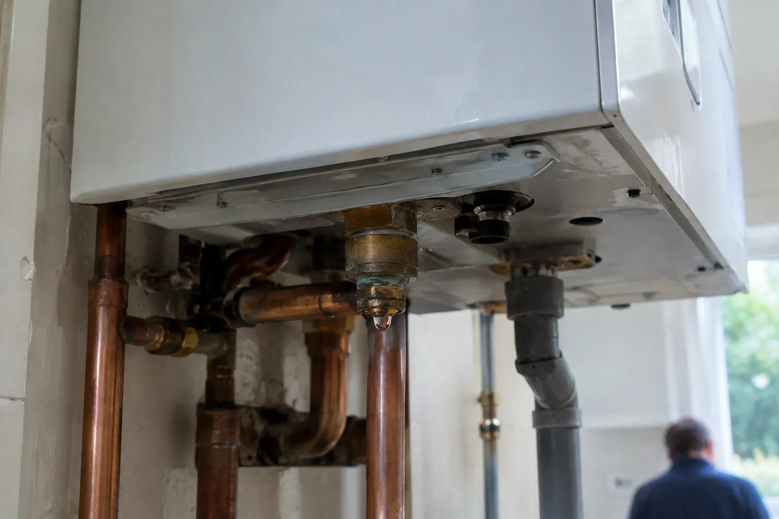 A drip of water forming beneath a boiler