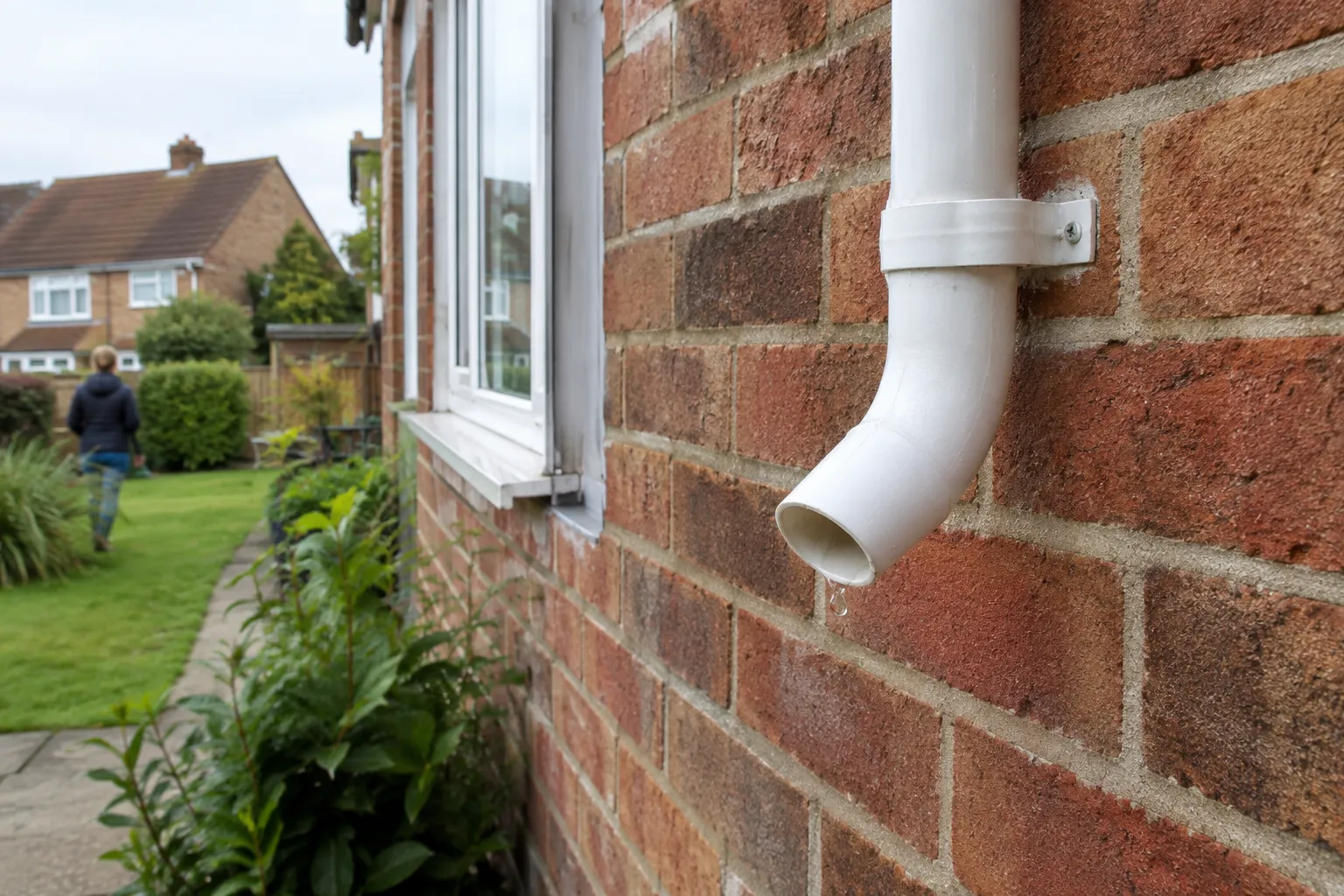 An overflow pipe dripping on an outside wall